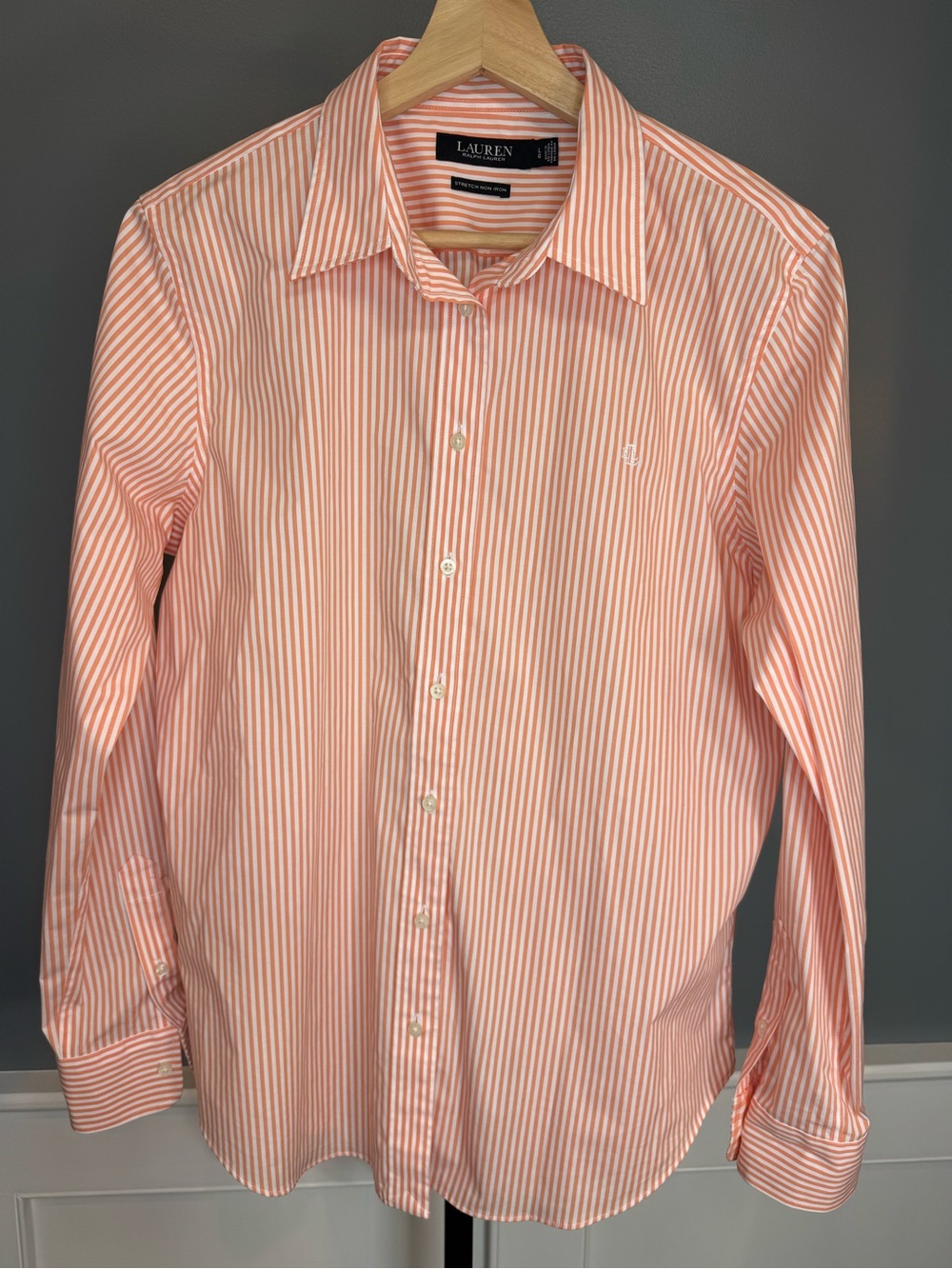 Lauren Ralph Lauren L Orange White Stripe Stretch Non Iron Button Down Shirt